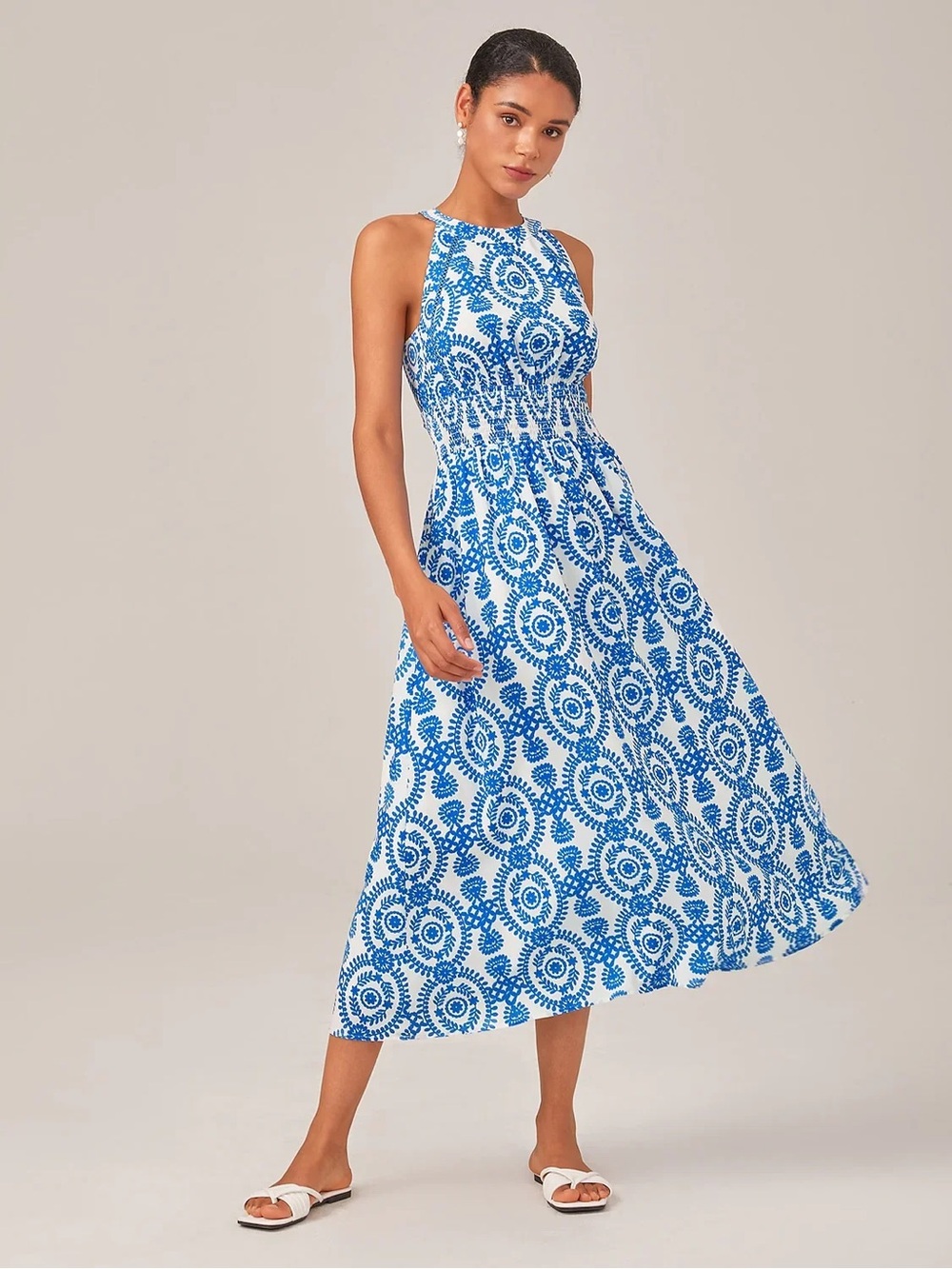 NWT Ador Boutique Brand Blue & White Midi Dress